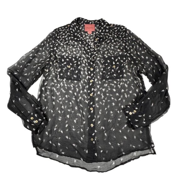 I.Madeline Print 100% Silk Blouse Sz.S Black Sheer Gold Buttons Minimalist Goth - Picture 1 of 12